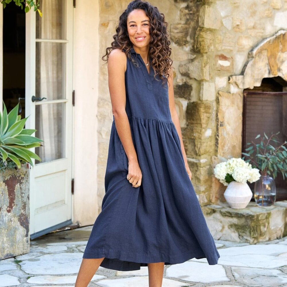 Frank & Eileen | Daphne Sleeveless Popover Dress Navy Linen Small